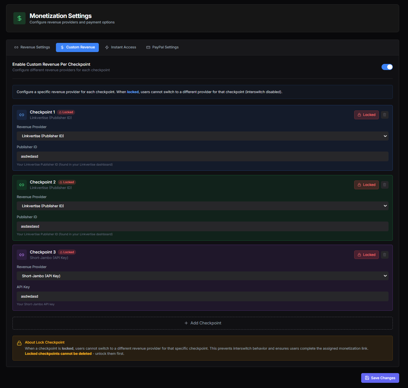 Monetization Settings — Custom Revenue tab