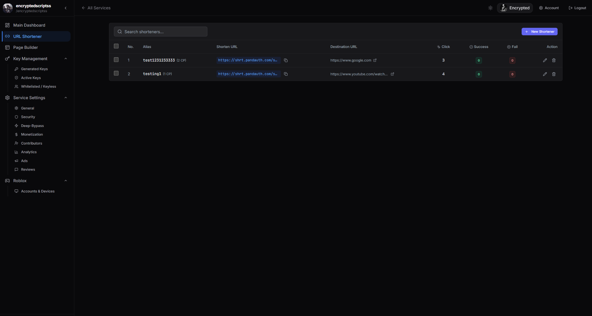 URL Shortener management page